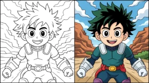 Deku coloring page, a two-panel image of the hero in action