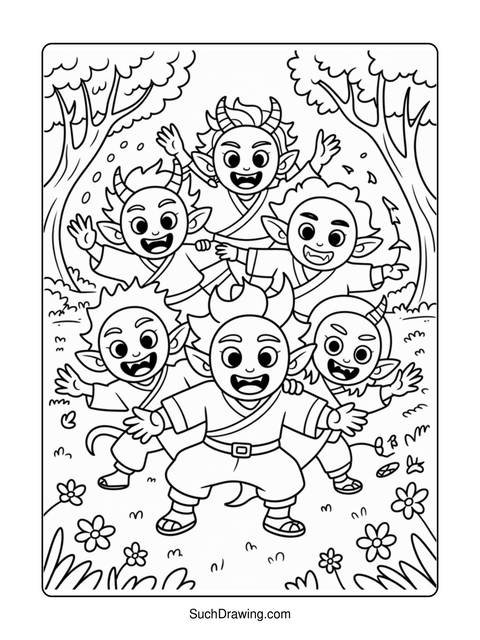 Black and white illustration of six cartoon imps in a forest setting