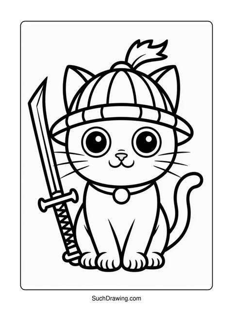 Black and white coloring page of a cute cat with a hat and sword