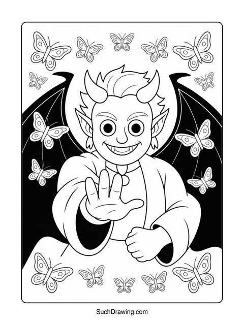 Black and white coloring page of a smiling devil with butterflies around him