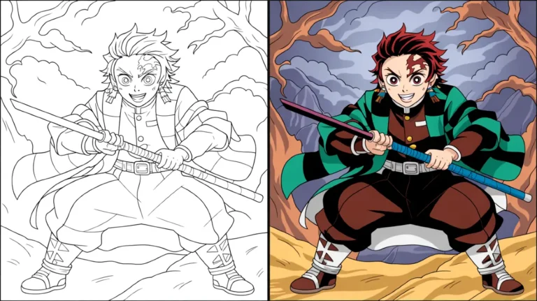 Demon slayer coloring page featuring a determined character holding a sword