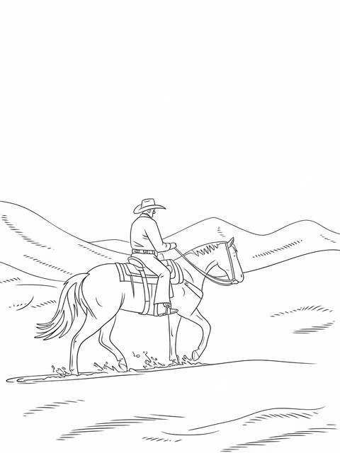 A classic cowboy on horseback riding through a desert landscape