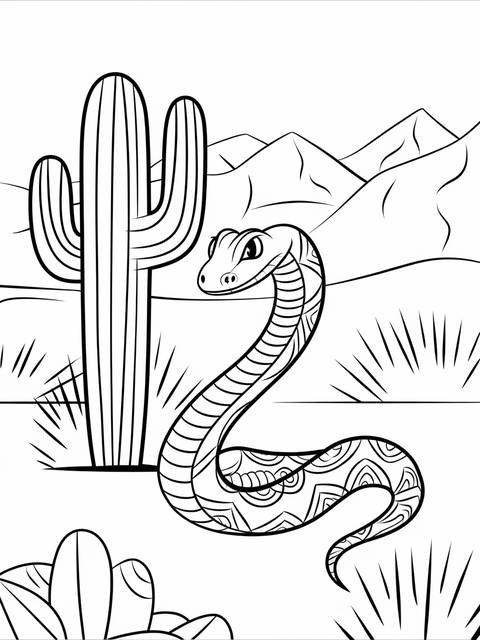 A curious rattlesnake coiled near a cactus in a desert coloring page