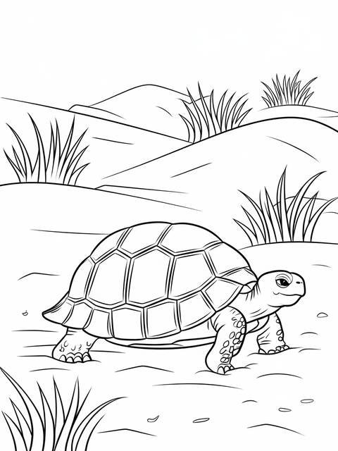 Desert tortoise trekking through the desert landscape, a coloring page illustration