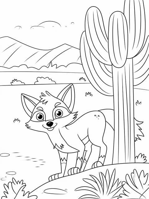 A playful desert fox peeking out from behind a cactus in a coloring page