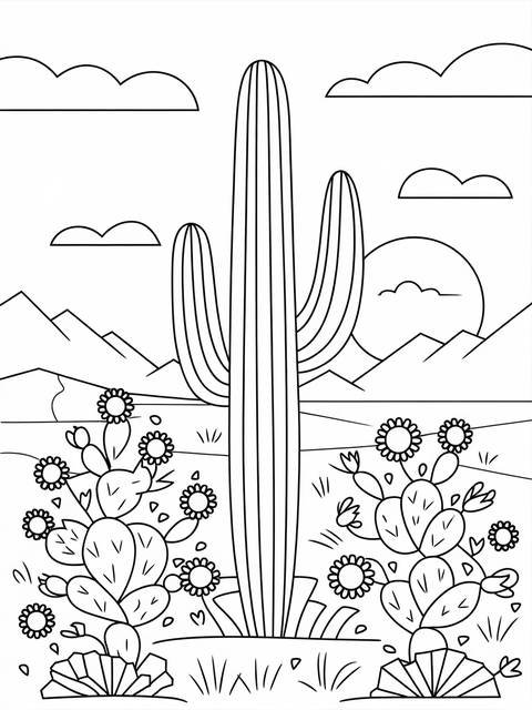 Desert scene with a towering saguaro cactus and surrounding plants, ready for coloring