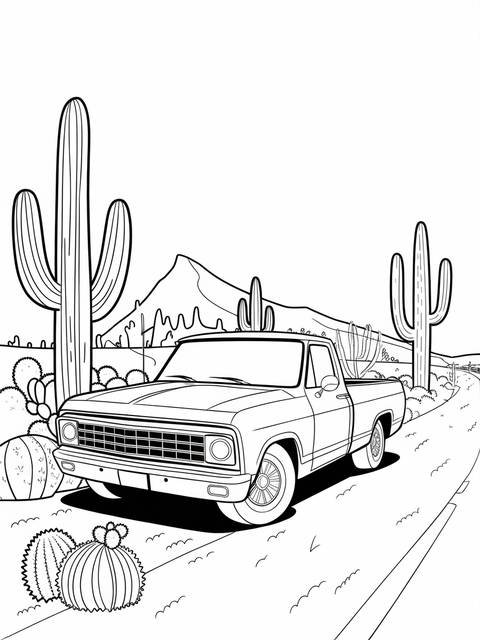A vintage pickup truck parked in a desert scene with cacti and a road