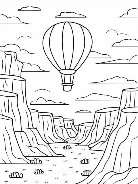 Desert scene coloring page: hot air balloon over whimsical canyons and clouds