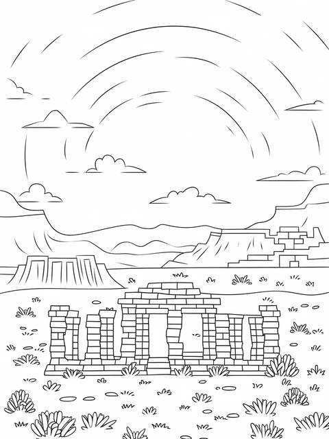 Line art of an ancient native american ruin in a desert landscape