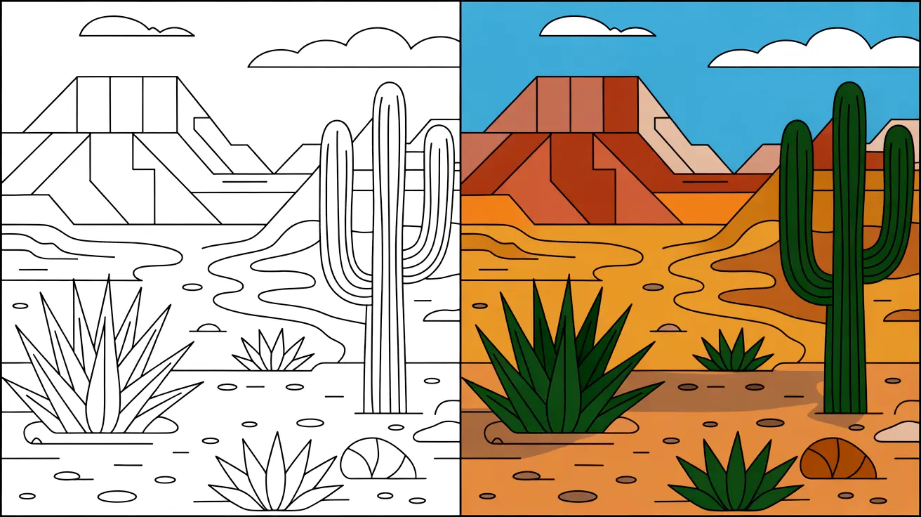 Two-panel desert coloring page featuring cacti, mountains, and desert vegetation