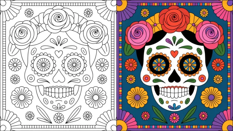 Dia de los muertos coloring page featuring a decorated sugar skull with floral elements