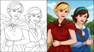 Diana and roma coloring pages: two girls, one colored, one in outline
