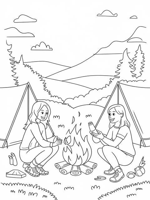 Diana and roma at a campsite, enjoying a campfire near tents and mountains