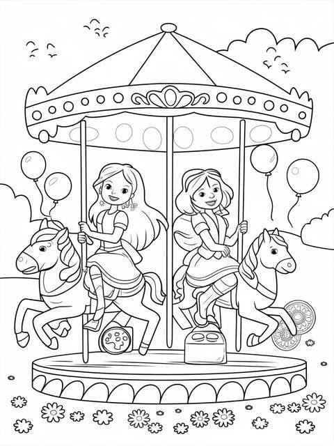 Diana and roma riding a carousel at a carnival, holding balloons in a coloring page