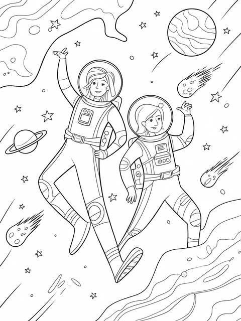 Diana and roma, young astronauts, exploring space with planets and stars