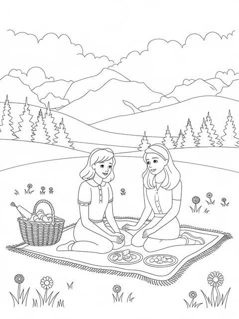 Diana and roma coloring page: two girls on a picnic blanket in nature