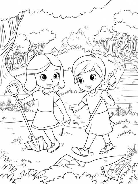 Diana and roma, two children, with shovels, exploring outdoors, treasure hunt