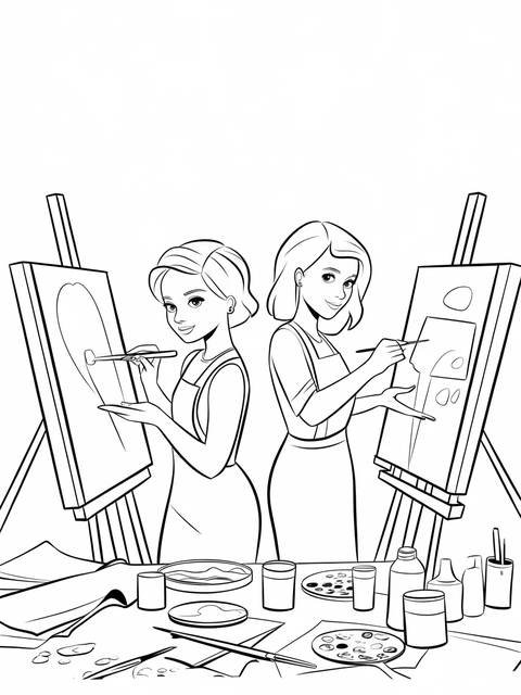 Diana and roma painting together at easels, creating art on a coloring page