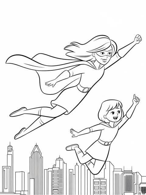Diana and roma as superheroes, flying above a cityscape, ready for action