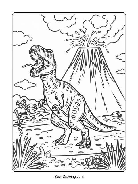 A tyrannosaurus rex with an open mouth stands before an erupting volcano