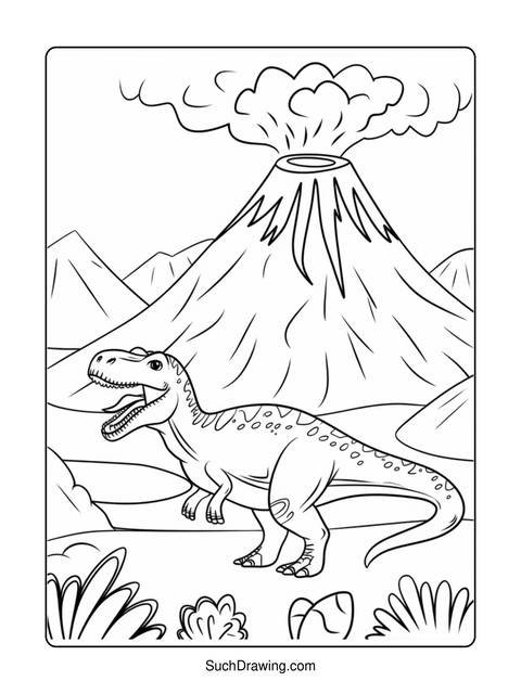 A dinosaur stands before a volcano and mountains in a coloring page