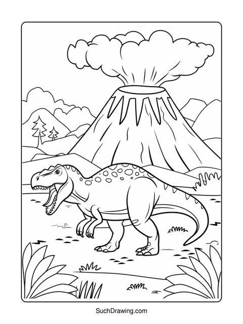 Line art coloring page of a tyrannosaurus rex in front of a volcano