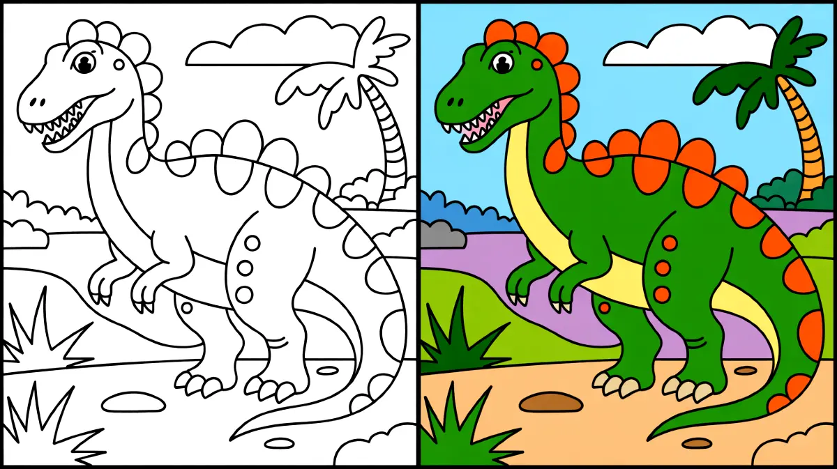 Dinosaur coloring page: a green dinosaur with orange accents in a landscape