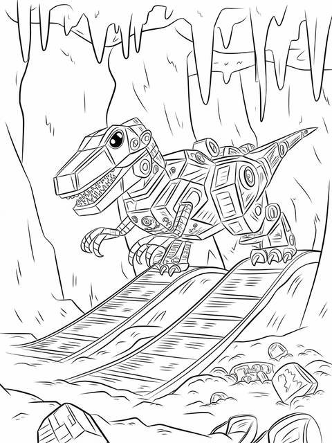 Dinotrux coloring page: a mechanical dinosaur on a ramp in a cave setting