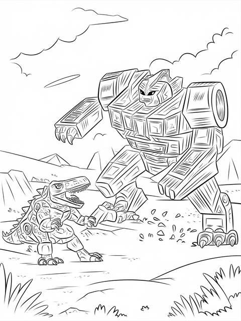 Dinotrux battling a robotic figure, a scene from the dinotrux series