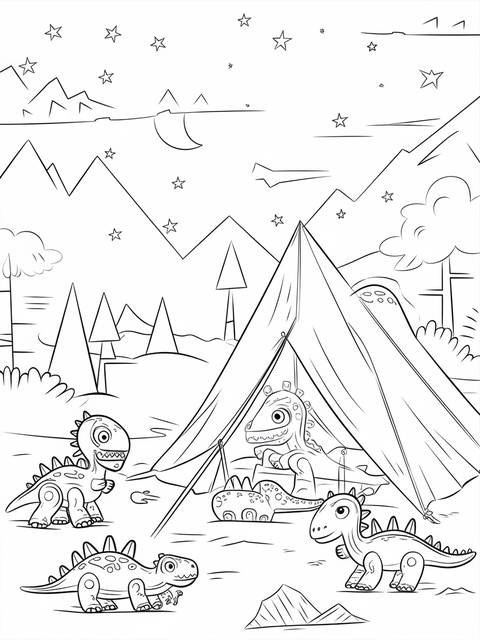 Dinotrux coloring page: dinosaurs camping under the stars at nighttime
