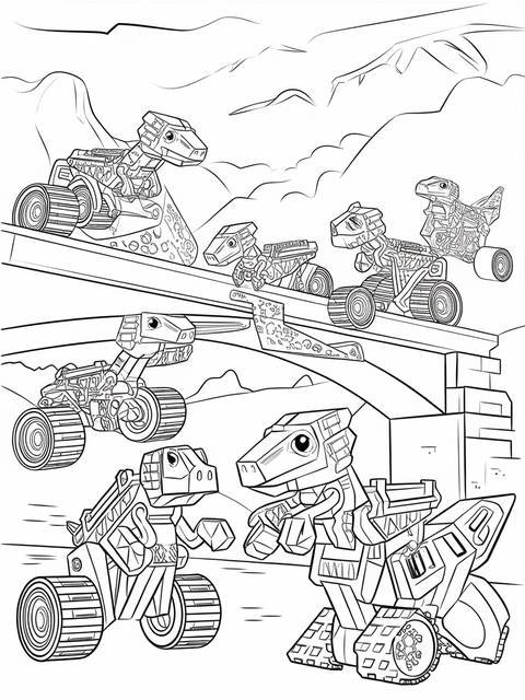 Dinotrux coloring page: a group of dinotrux vehicles on a bridge and hills
