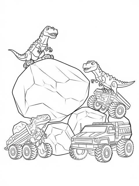 Dinotrux teamwork scene: dinosaurs and trucks working together on a rock structure