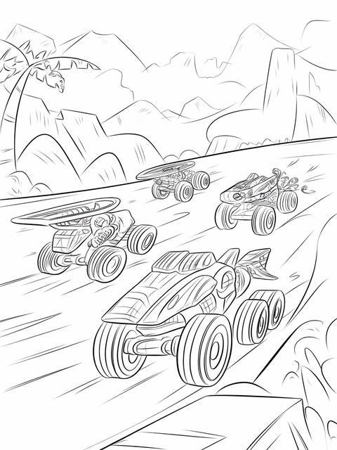 Dinotrux racing scene: a thrilling race with multiple vehicles on a track