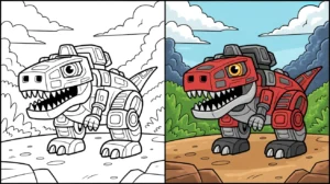 Dinotrux coloring page: a red and gray robotic dinosaur against a landscape