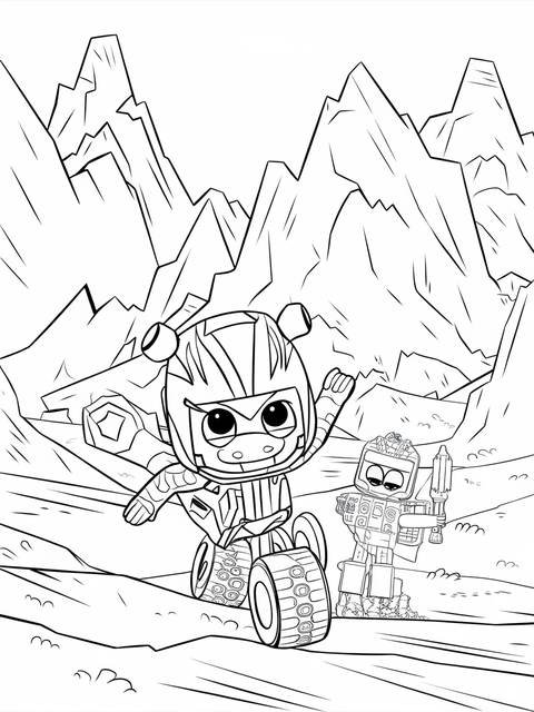 Dinotrux character revvit, a small vehicle, rolling across a landscape with mountains