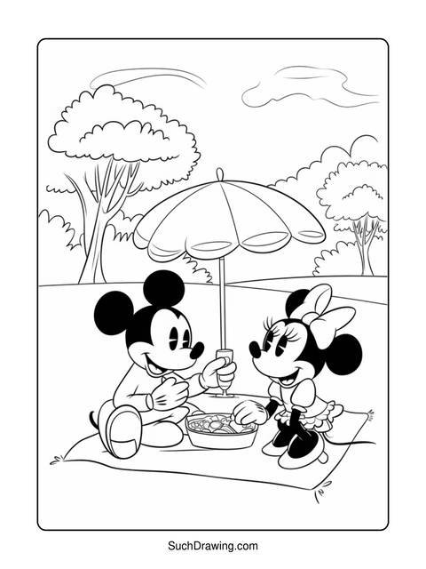 Mickey and minnie mouse having a picnic under an umbrella coloring page