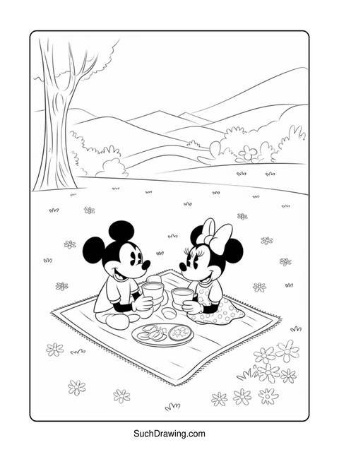Mickey and minnie mouse having a picnic in a park setting