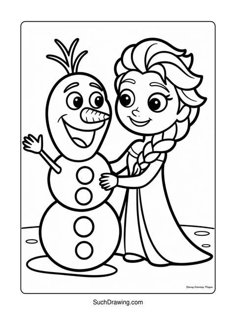 Black and white coloring page of elsa and olaf from the movie frozen