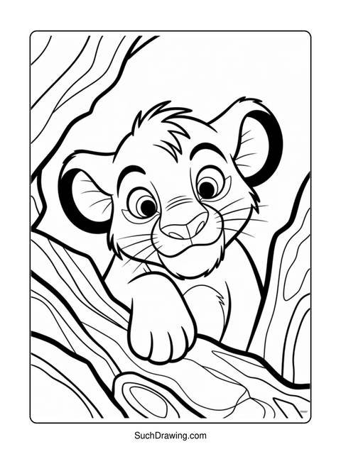 Lion cub coloring page, peering out from behind a tree branch