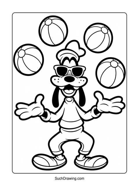 Goofy juggling beach balls, wearing sunglasses, outlined in black and white