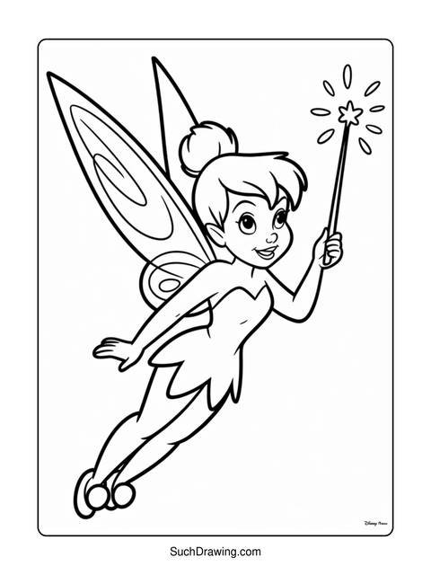 Black and white outline of tinkerbell holding a wand, ready to fly