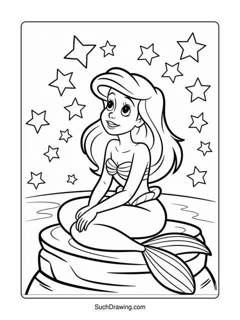 Black and white illustration of a mermaid sitting on a rock with stars