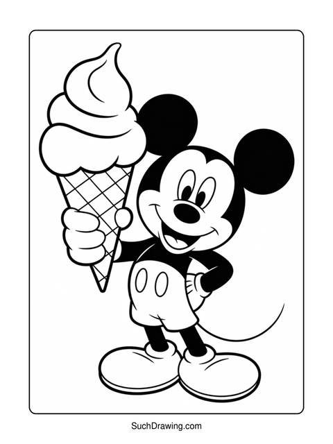 Mickey mouse holding a large ice cream cone, a black and white coloring page