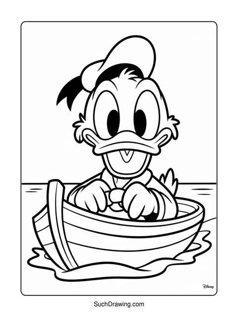 Donald duck in a small boat, ready to sail on the water