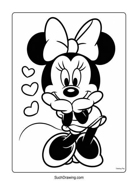 Black and white minnie mouse coloring page with hearts and a bow