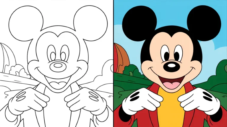 Disney coloring page featuring mickey mouse, smiling and wearing red jacket