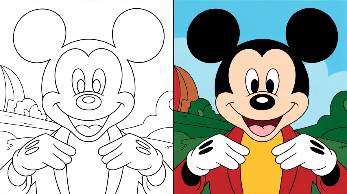 Disney coloring page featuring mickey mouse, smiling and wearing red jacket