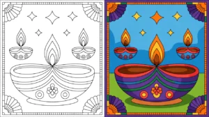 Diwali coloring page featuring two panels with lit diyas and stars