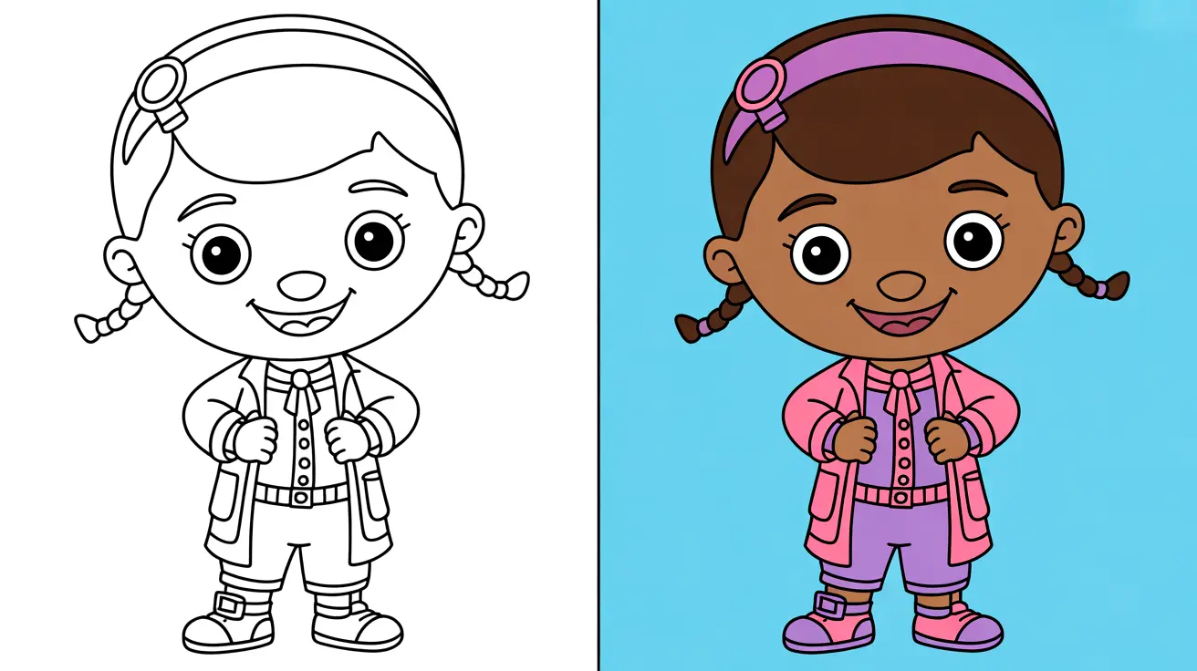 Doc mcstuffins coloring page: a two-pane image of the character, colored and uncolored