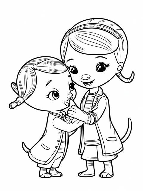 Doc mcstuffins and a friend embracing, a coloring page illustration